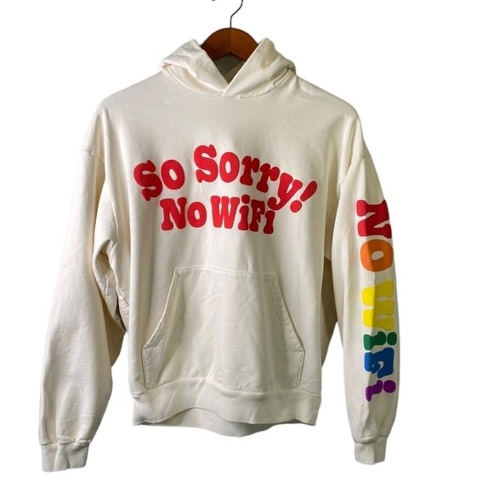 New Madhappy Sorry No Wifi Universal Hoodie Cotton Terry Kangaroo Pocket Cream
